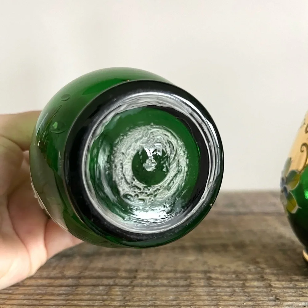 Vintage Bohemian Czech emerald green glass vases set of 2